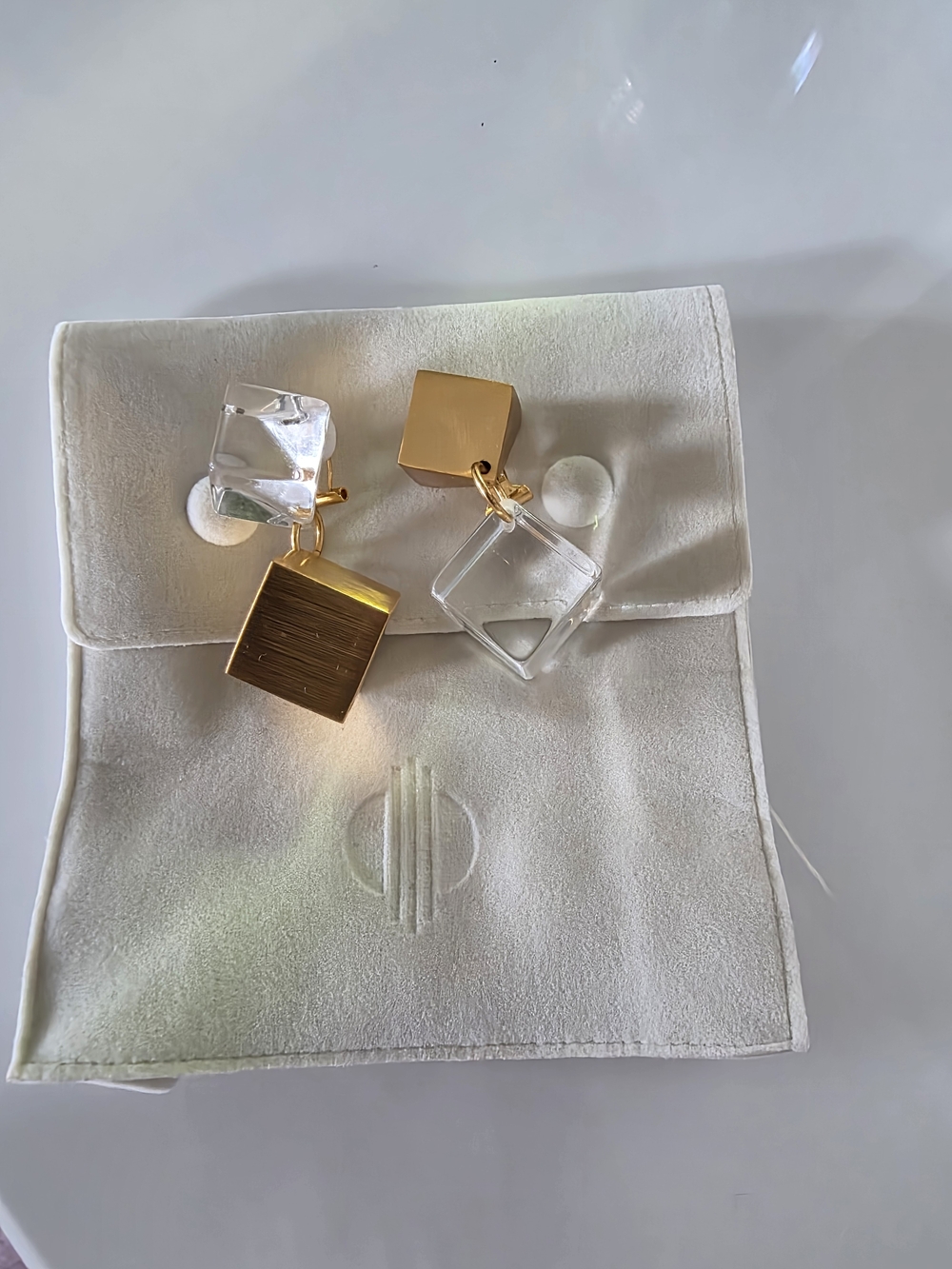 Gold and Clear Geometric Drop Earrings - Modern Square Design